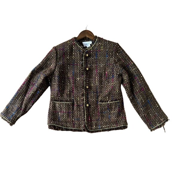Patti and Leo Womens Jacket Sz M Checked Brown Multi-Color Fringed for Two Bits - Picture 9 of 10